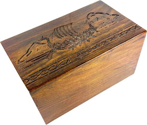 Khizar Handicraft Wooden Urn for Human Ashes – Viking Ship Design – Handmade Sheesham Wood Cremation Box – Large Adult Funeral Urn with Lid – Memorial Keepsake (9"x5.5"x4.5") in Saudi Arabia