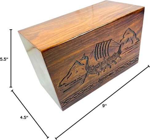 Khizar Handicraft Wooden Urn for Human Ashes – Viking Ship Design – Handmade Sheesham Wood Cremation Box – Large Adult Funeral Urn with Lid – Memorial Keepsake (9"x5.5"x4.5") in Saudi Arabia