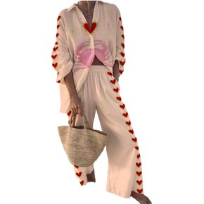 LILTWIST الصيف الكتابة على الجدران السراويل مجموعات للنساء بوهو مطبوعة 2 قطعة واسعة الساق بيجامة مجموعة زر أسفل القمصان مطابقة الشاطئ مجموعة in Kuwait