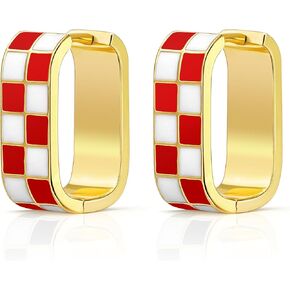 18K Gold Filled Dainty Checkered Hoop Earrings for Women, Stylish Enamel Checked Pattern Huggie Earrings, Gold Statement Earrings，Multicolor Hypoallergenic Jewelry,Birthday Gifts for Her in Saudi Arabia