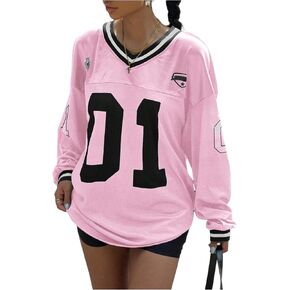 Women's Jersey Shirts Y2k Oversized T Shirt Number Letter Graphic Long Sleeve V Neck Sports Tee in Saudi Arabia