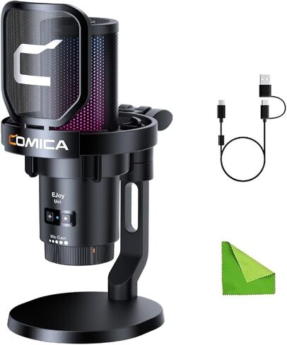 Comica EJoy Uni (D) - ميكروفون أسود للكمبيوتر والهواتف الذكية، ميكروفون ألعاب بمكثف قلبي RGB للبث والبث والتسجيل، مع حامل سطح المكتب in Kuwait