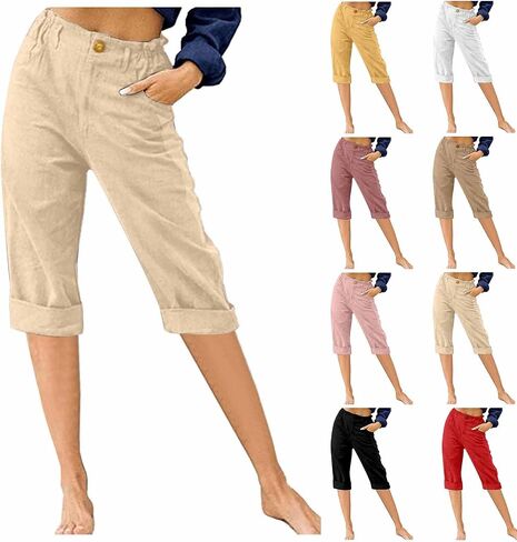 Women's Summer Capri Pants 2025 Cotton Linen Straight Leg Cropped Trousers High Waist Casual Pant with Pockets in Saudi Arabia