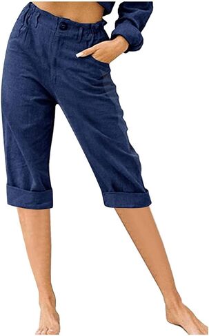 Women's Summer Capri Pants 2025 Cotton Linen Straight Leg Cropped Trousers High Waist Casual Pant with Pockets in Saudi Arabia