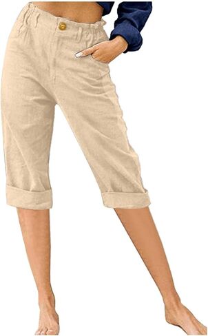 Women's Summer Capri Pants 2025 Cotton Linen Straight Leg Cropped Trousers High Waist Casual Pant with Pockets in Saudi Arabia