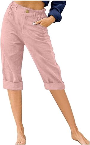 Women's Summer Capri Pants 2025 Cotton Linen Straight Leg Cropped Trousers High Waist Casual Pant with Pockets in Saudi Arabia