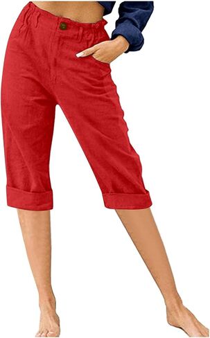 Women's Summer Capri Pants 2025 Cotton Linen Straight Leg Cropped Trousers High Waist Casual Pant with Pockets in Saudi Arabia