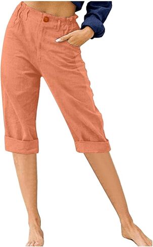 Women's Summer Capri Pants 2025 Cotton Linen Straight Leg Cropped Trousers High Waist Casual Pant with Pockets in Saudi Arabia