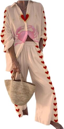 LILTWIST الصيف الكتابة على الجدران السراويل مجموعات للنساء بوهو مطبوعة 2 قطعة واسعة الساق بيجامة مجموعة زر أسفل القمصان مطابقة الشاطئ مجموعة in Kuwait