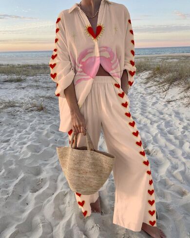 LILTWIST الصيف الكتابة على الجدران السراويل مجموعات للنساء بوهو مطبوعة 2 قطعة واسعة الساق بيجامة مجموعة زر أسفل القمصان مطابقة الشاطئ مجموعة in Kuwait