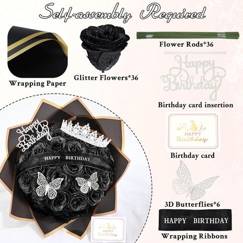 Waipfaru Glitter Roses Bouquet, Birthday Gifts for Women Mom, DIY Fake Flowers Bouquet with Birthday Stand-Up Signs, 36 Red Rose for Grandma Wife Friends in Kuwait