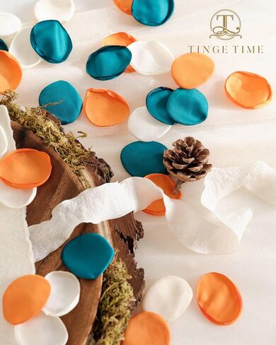 Tinge Time 400pcs بتلات زهرة الحرير لحفل الزفاف ، بتلات الورد للديكور ، بتلات زهرة مزيفة للاستحمام الزفاف ، بتلات فتاة الزهور للذكرى السنوية والحفلات (برتقالية وبيكوك الأخضر) in Kuwait