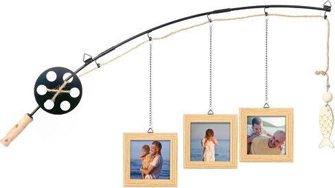 Fishing Pole Picture Frame - Fishing Wall Decor with 3-Pack 4" x 4" Wood Frames for Lake Cabin Farmhouse in Saudi Arabia