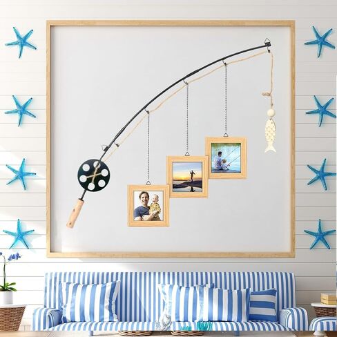 Fishing Pole Picture Frame - Fishing Wall Decor with 3-Pack 4" x 4" Wood Frames for Lake Cabin Farmhouse in Saudi Arabia