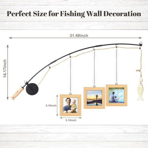 Fishing Pole Picture Frame - Fishing Wall Decor with 3-Pack 4" x 4" Wood Frames for Lake Cabin Farmhouse in Saudi Arabia