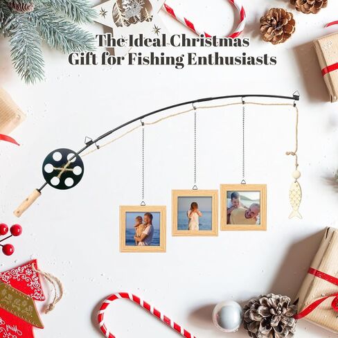 Fishing Pole Picture Frame - Fishing Wall Decor with 3-Pack 4" x 4" Wood Frames for Lake Cabin Farmhouse in Saudi Arabia
