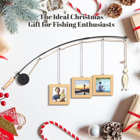 Fishing Pole Picture Frame - Fishing Wall Decor with 3-Pack 4" x 4" Wood Frames for Lake Cabin Farmhouse in Saudi Arabia