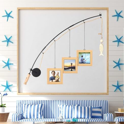 Fishing Pole Picture Frame - Fishing Wall Decor with 3-Pack 4" x 4" Wood Frames for Lake Cabin Farmhouse in Saudi Arabia