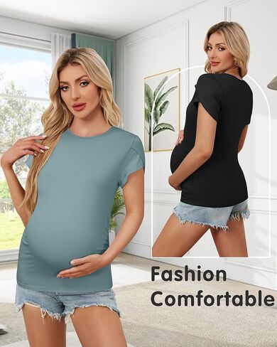 OUGES 3 Pack Women's Maternity Shirts/Tops Crew Neck Short Petal Sleeve Casual Fashion Tee Side Ruched Pregnancy Clothes in Saudi Arabia