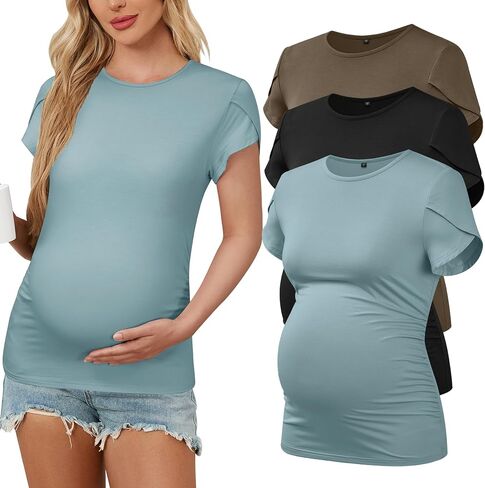 OUGES 3 Pack Women's Maternity Shirts/Tops Crew Neck Short Petal Sleeve Casual Fashion Tee Side Ruched Pregnancy Clothes in Saudi Arabia