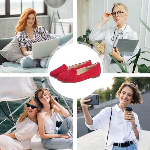 حذاء مسطح من MUSSHOE للنساء سهل الارتداء بمقدمة مستديرة مريح للنساء حذاء باليه مسطح بدون كعب للنساء باللون الأحمر 7.5 in Kuwait