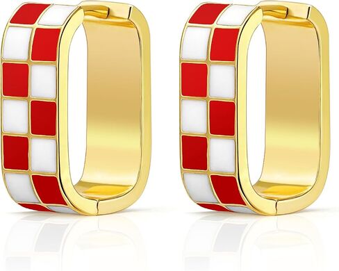 18K Gold Filled Dainty Checkered Hoop Earrings for Women, Stylish Enamel Checked Pattern Huggie Earrings, Gold Statement Earrings，Multicolor Hypoallergenic Jewelry,Birthday Gifts for Her in Saudi Arabia
