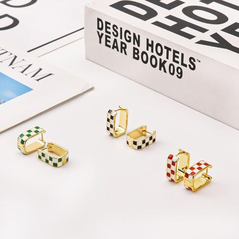 18K Gold Filled Dainty Checkered Hoop Earrings for Women, Stylish Enamel Checked Pattern Huggie Earrings, Gold Statement Earrings，Multicolor Hypoallergenic Jewelry,Birthday Gifts for Her in Saudi Arabia