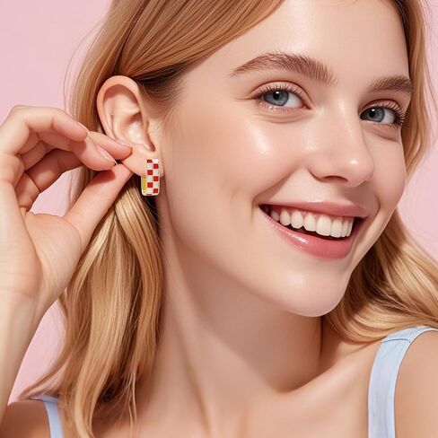 18K Gold Filled Dainty Checkered Hoop Earrings for Women, Stylish Enamel Checked Pattern Huggie Earrings, Gold Statement Earrings，Multicolor Hypoallergenic Jewelry,Birthday Gifts for Her in Saudi Arabia