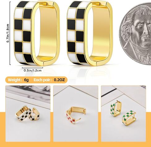 18K Gold Filled Dainty Checkered Hoop Earrings for Women, Stylish Enamel Checked Pattern Huggie Earrings, Gold Statement Earrings，Multicolor Hypoallergenic Jewelry,Birthday Gifts for Her in Saudi Arabia