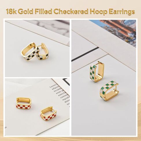 18K Gold Filled Dainty Checkered Hoop Earrings for Women, Stylish Enamel Checked Pattern Huggie Earrings, Gold Statement Earrings，Multicolor Hypoallergenic Jewelry,Birthday Gifts for Her in Saudi Arabia