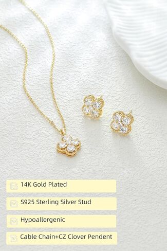 Clover Necklace and Stud Earrings Jewelry Set 14K Gold Plated Dainty Four Leaf Lucky Choker Charm Necklace Clover S925 Sterling Silver Stud with Gift Box Birthday Gifts for Women ﻿ in Saudi Arabia