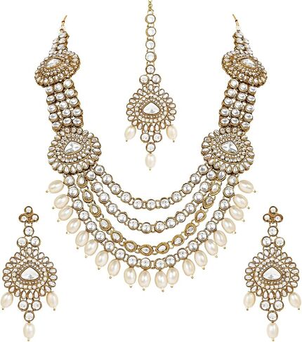 I Jewels Gold Plated Indian Wedding Bollywood Multi Leared Pearl Kundan Necklace Necklace Netclace مع أقراط متدلية و Maang Tikka مجموعة للنساء/الفتيات (IJ386W) in Saudi Arabia