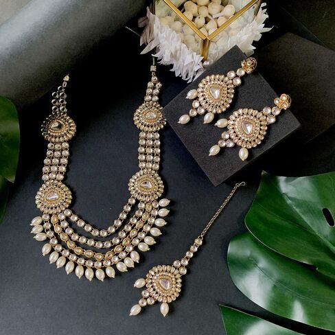 I Jewels Gold Plated Indian Wedding Bollywood Multi Leared Pearl Kundan Necklace Necklace Netclace مع أقراط متدلية و Maang Tikka مجموعة للنساء/الفتيات (IJ386W) in Saudi Arabia