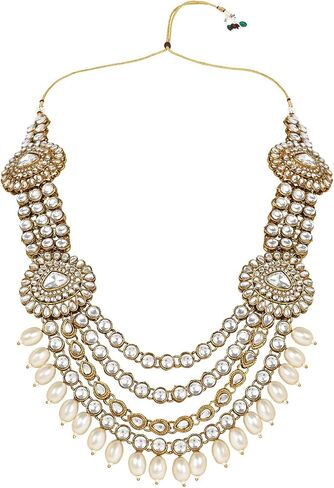 I Jewels Gold Plated Indian Wedding Bollywood Multi Leared Pearl Kundan Necklace Necklace Netclace مع أقراط متدلية و Maang Tikka مجموعة للنساء/الفتيات (IJ386W) in Saudi Arabia