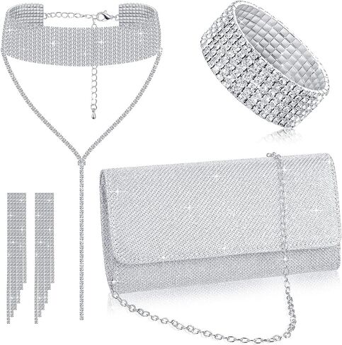 Sanwuta 4 Pcs Silver Clutch Purses Women Evening Rhinestone Jewelry Set Necklace Earrings Bracelet Prom Accessories in Saudi Arabia