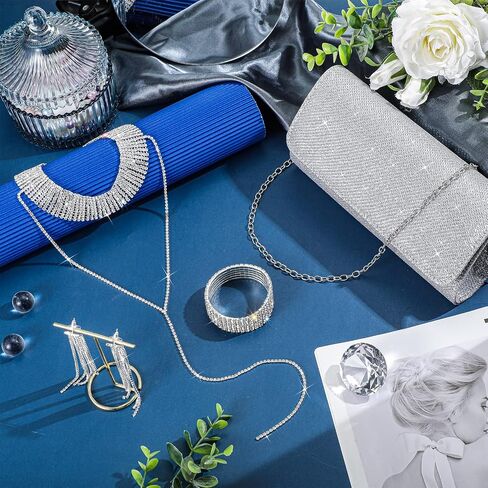 Sanwuta 4 Pcs Silver Clutch Purses Women Evening Rhinestone Jewelry Set Necklace Earrings Bracelet Prom Accessories in Saudi Arabia