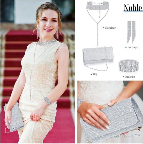Sanwuta 4 Pcs Silver Clutch Purses Women Evening Rhinestone Jewelry Set Necklace Earrings Bracelet Prom Accessories in Saudi Arabia