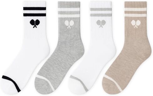 L’ORANGE Court Crew Pickleball Socks – 4-Pack | Premium Cotton Athletic Crew Socks for Men & Women | Neutral Tones, Varsity Stripe | Cushioned, Breathable, Stylish Gift Set in Saudi Arabia