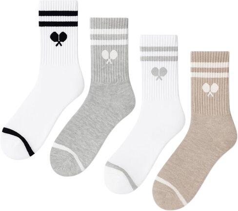 L’ORANGE Court Crew Pickleball Socks – 4-Pack | Premium Cotton Athletic Crew Socks for Men & Women | Neutral Tones, Varsity Stripe | Cushioned, Breathable, Stylish Gift Set in Saudi Arabia