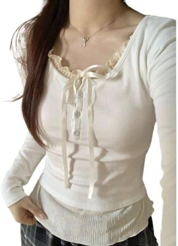 y2k coquette قمصان girly الدانتيل المرقور الضيقة محصول قمم النساء القصص الخيالية الجمالية الطفل tee tie tie cutecore in Kuwait