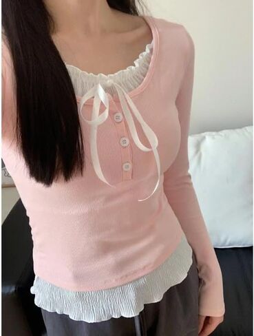 y2k coquette قمصان girly الدانتيل المرقور الضيقة محصول قمم النساء القصص الخيالية الجمالية الطفل tee tie tie cutecore in Kuwait