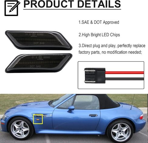 Front Amber Sequential LED Turn Signal Lights Replacement for Z3 Coupe/Roadster 1996-2002, Smoked Lens Dynamic Fender Indicator Side Marker Lamp Replace OE 63132493613, 63132493614 in Saudi Arabia