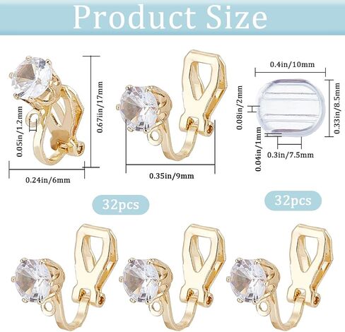 1 Box 32Pcs Gold Earring Converter Silver Earrings Clip Back Brass Non Pierced Triangle Earring Component with Crystal Rhinestone and Pads Clip on Earring Findings for Jewelry Making Supplies in Kuwait