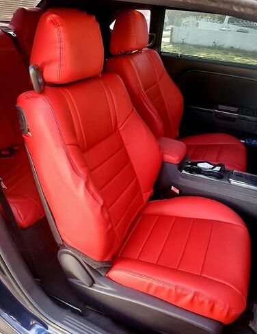 ECOTRIC Synthetic Leather Car Seat Covers Full Set Seat Cushion Protector Waterproof Compatible with 2011-2014 Dodge Challenger SE SXT RT (Will NOT Compatible with SRT8) - Red in Saudi Arabia