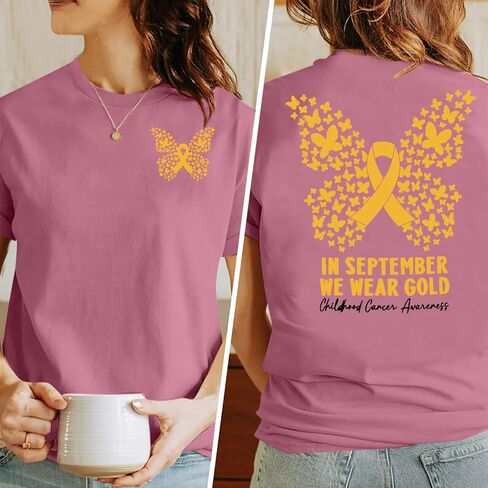قميص الوعي بسرطان الطفولة امرأة في سبتمبر ، نرتدي قمصان سرطان الأطفال الذهب. in Kuwait