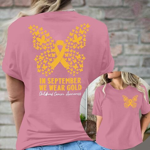 قميص الوعي بسرطان الطفولة امرأة في سبتمبر ، نرتدي قمصان سرطان الأطفال الذهب. in Kuwait