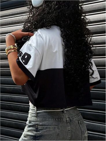 Women's Number Letter Print Jersey Shirt Color Block Short Sleeve Drop Shoulder Y2K Crop Tops in Kuwait
