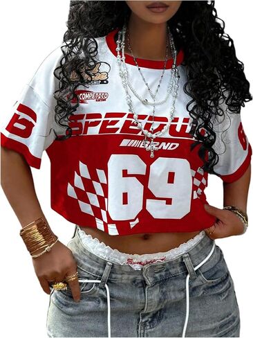 Women's Number Letter Print Jersey Shirt Color Block Short Sleeve Drop Shoulder Y2K Crop Tops in Kuwait