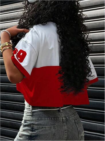 Women's Number Letter Print Jersey Shirt Color Block Short Sleeve Drop Shoulder Y2K Crop Tops in Kuwait