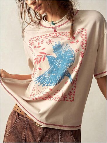 Women's Graphic Boho Short Sleeve Tee Tops Crewneck Loose Fit T Shirts Streetwear in Kuwait